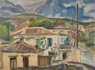 Daulia, After Rain, Houses Road Mountains (Second) — Oil painting, Fiberboard, 46.00×61.00cm — Theodoros Markellos